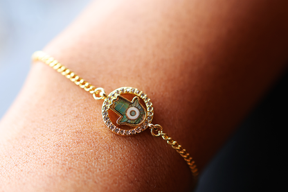 Abolone Hamsa Evil Eye Brass Bracelet