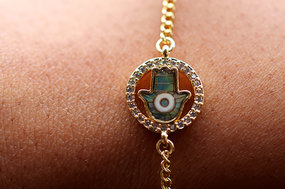 Abolone Hamsa Evil Eye Brass Bracelet