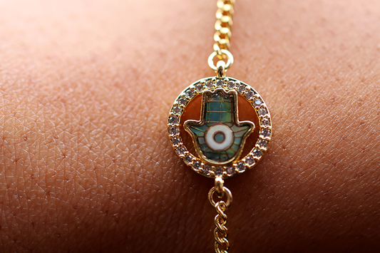 Abolone Hamsa Evil Eye Brass Bracelet